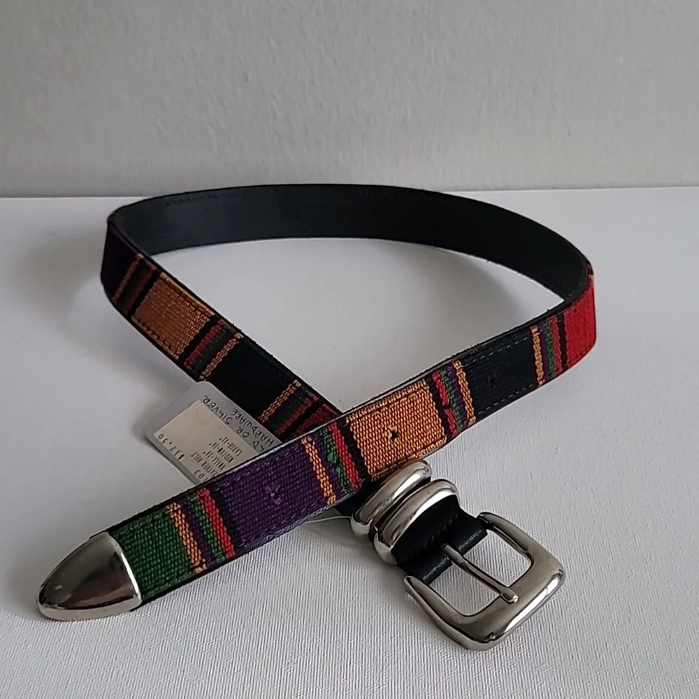 Vintage Multicolor Woven Stripe Belt with Black Leather Backing